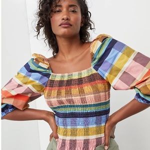 Anthropologie Farm Rio Seline Smocked Plaid Blouse XS